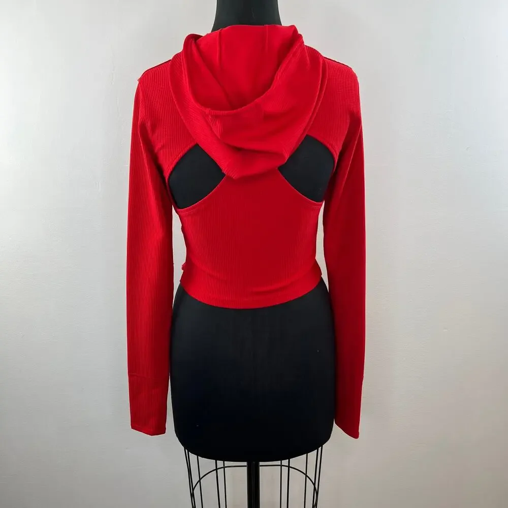 Free People Movement Red Ribbed Glamp Cut Out Hoodie Cropped Pullover Sweater XS